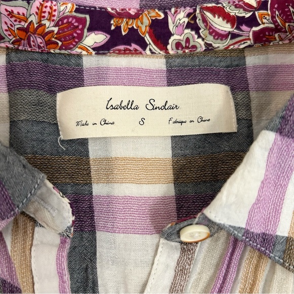 Anthropologie Isabella Sinclair Plaid Lace Insert Multicolor Button Down Shirt S - Picture 14 of 14